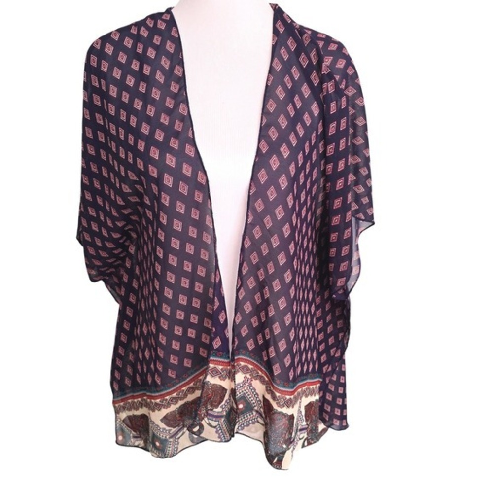 Live 4 Truth Boho‎ Navy Blue Diamond Elephant Print Kimono Cardigan Size S